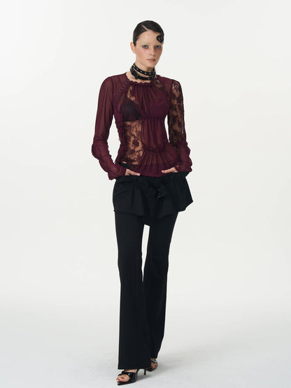 popoop Magenta Hook Ruching Lace Mesh Women&
