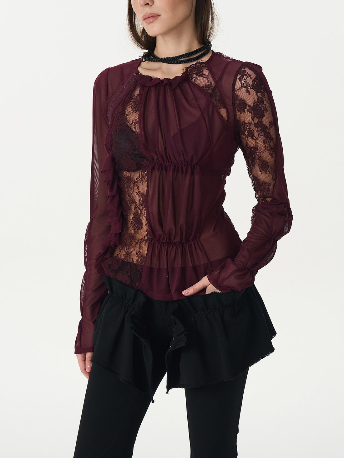 popoop Magenta Hook Ruching Lace Mesh Women&