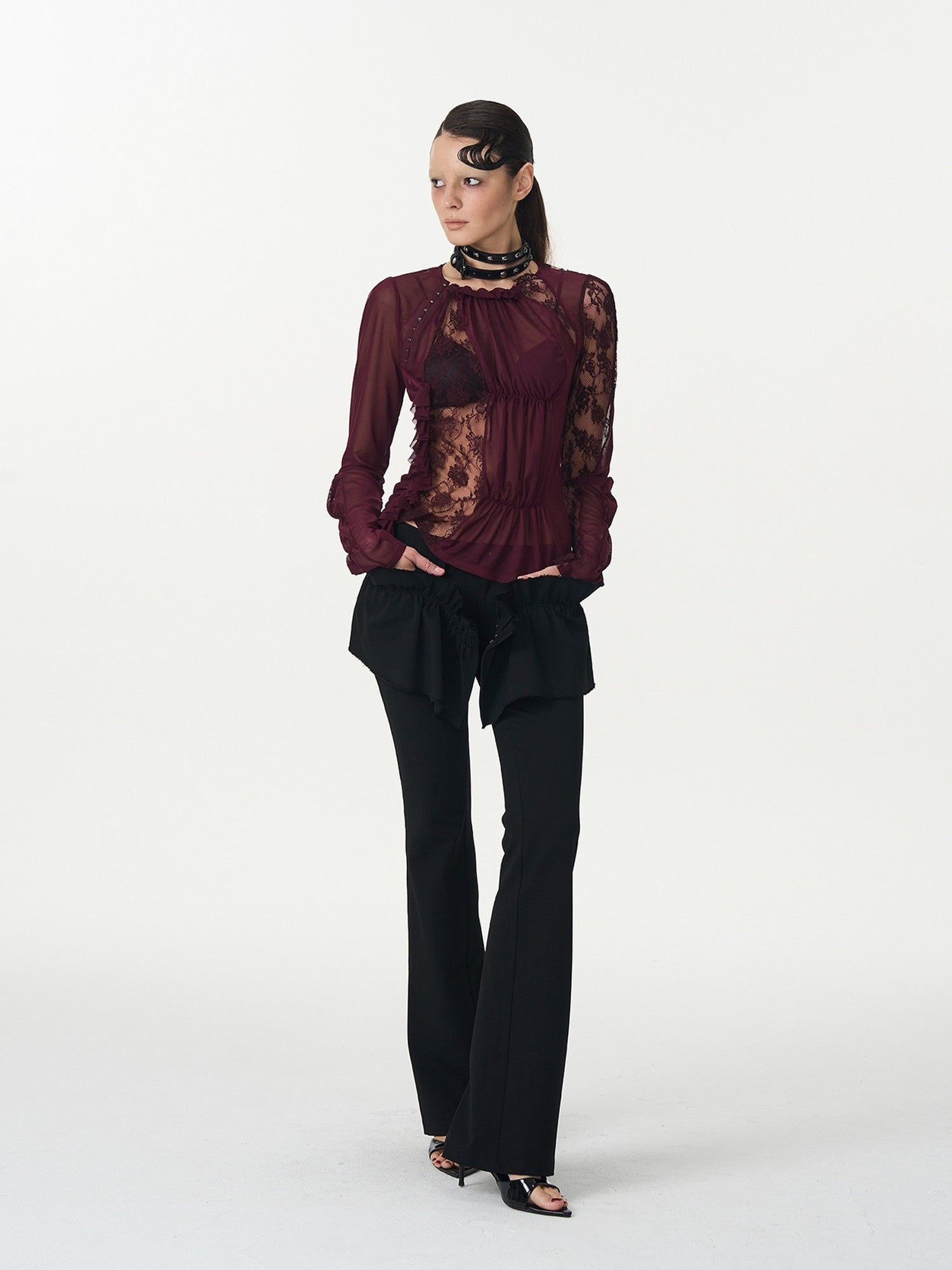 popoop Magenta Hook Ruching Lace Mesh Women&