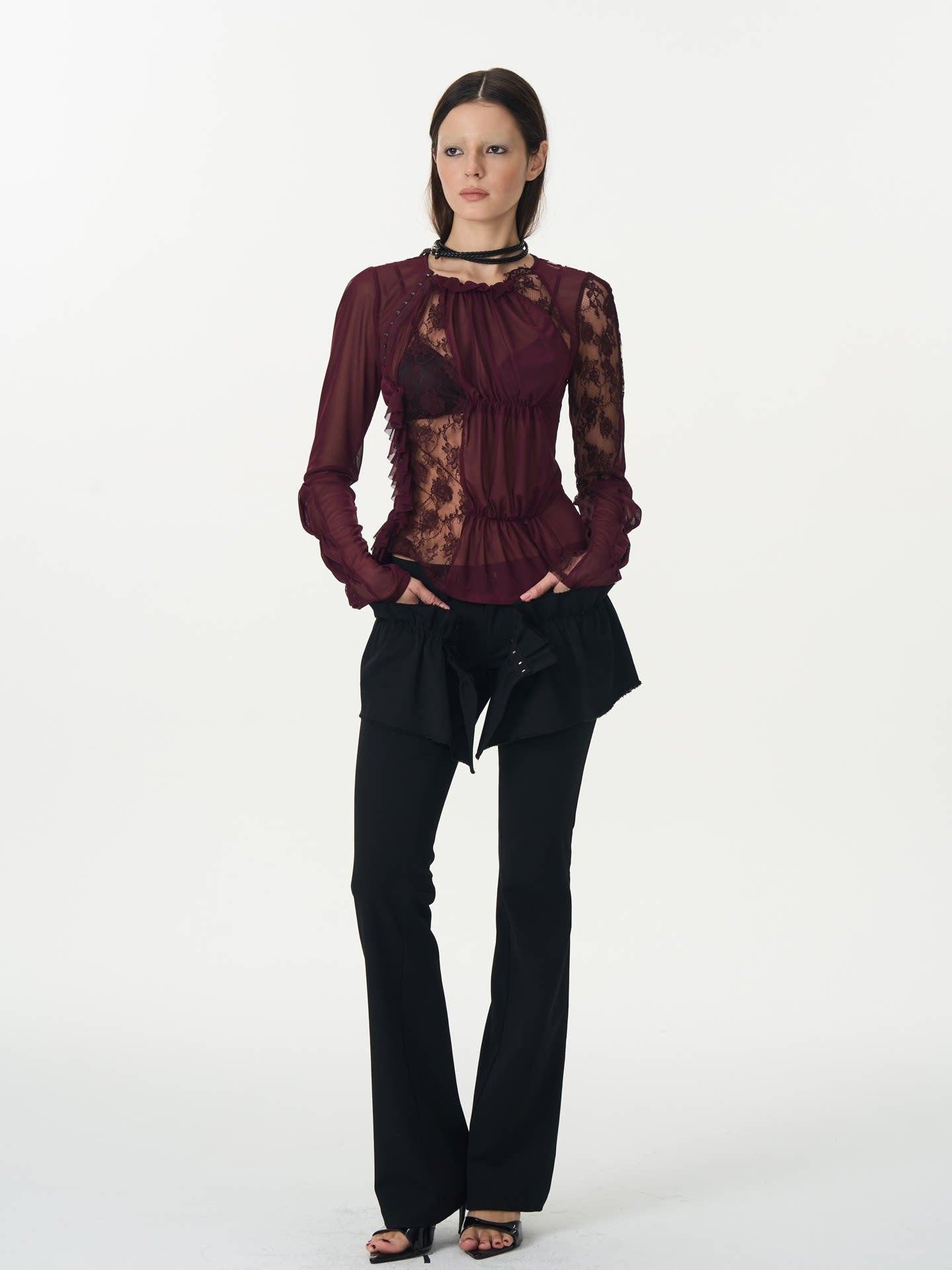 popoop Magenta Hook Ruching Lace Mesh Women&