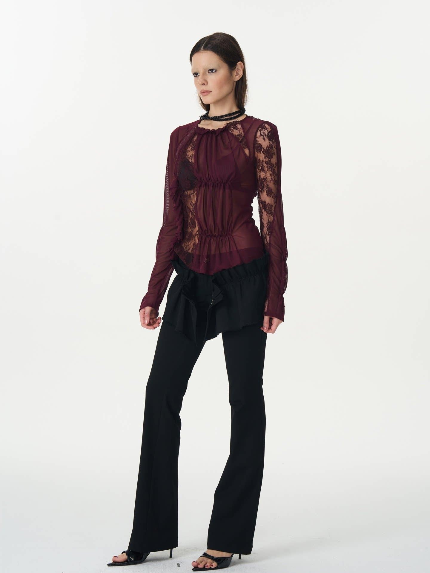 popoop Magenta Hook Ruching Lace Mesh Women&