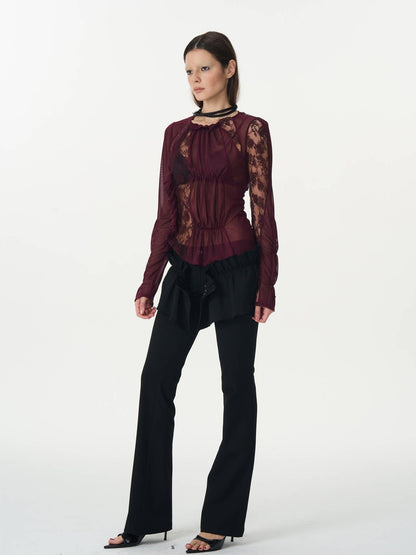 popoop Magenta Hook Ruching Lace Mesh Women&