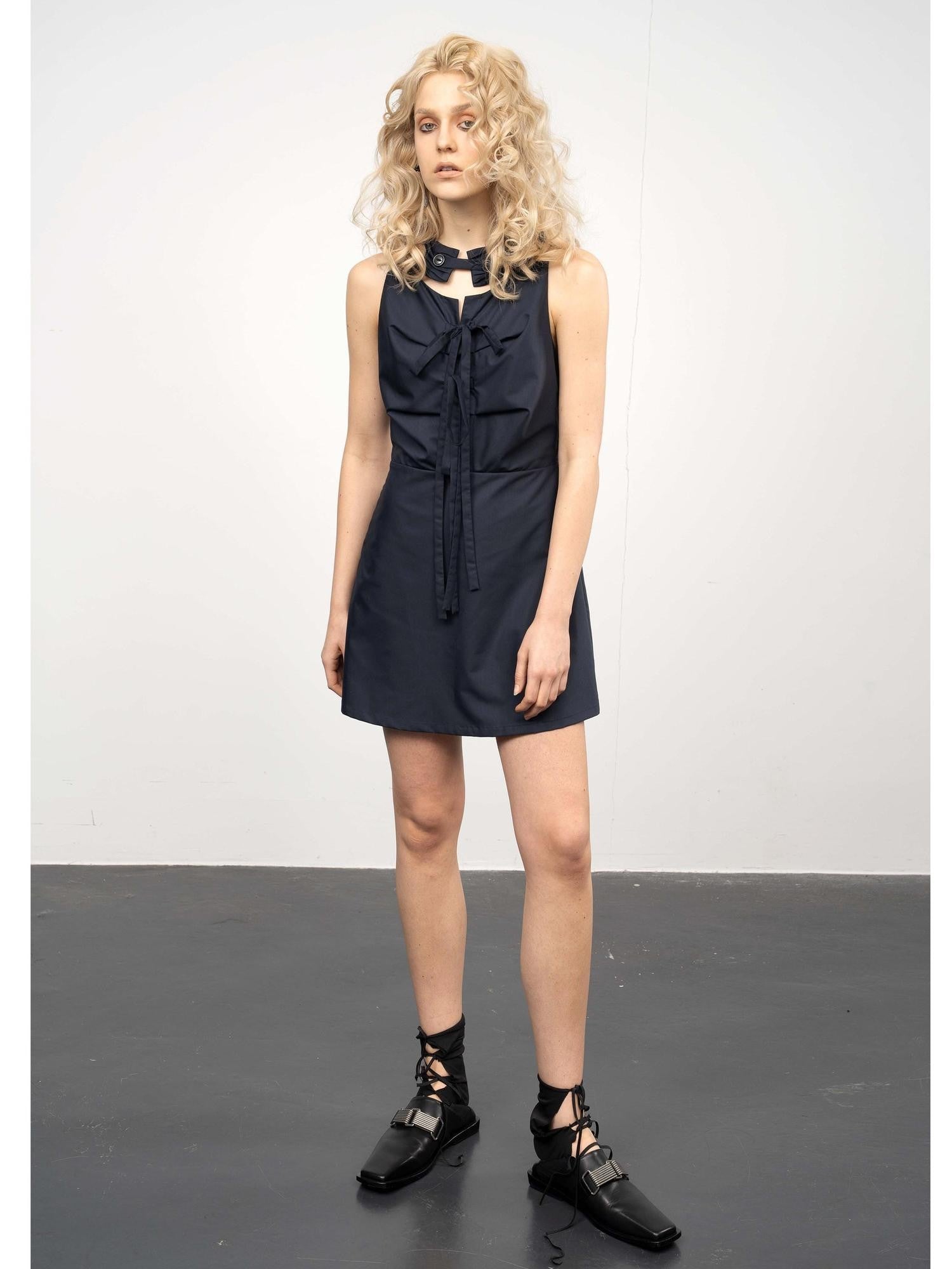 popoop Navy Scarf Collar Lace Up Medieval Button Women&