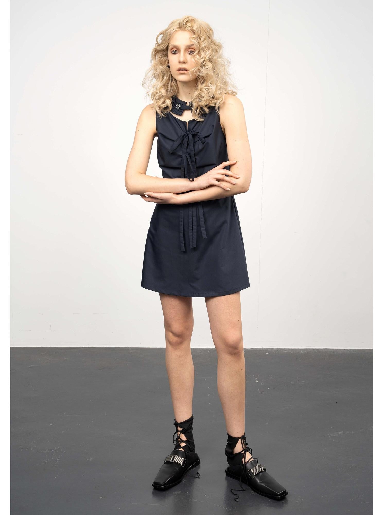popoop Navy Scarf Collar Lace Up Medieval Button Women&