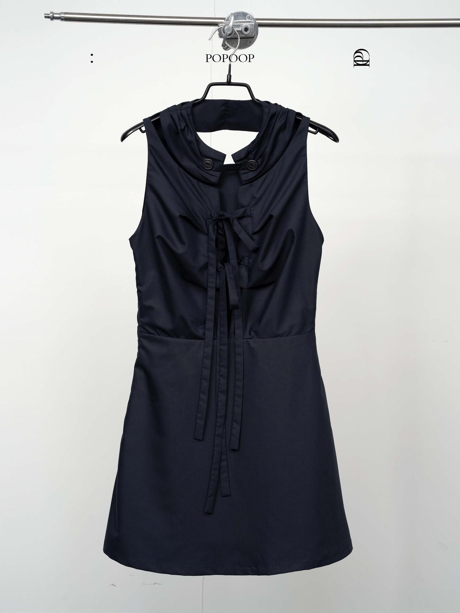 popoop Navy Scarf Collar Lace Up Medieval Button Women&