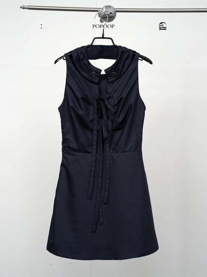 popoop Navy Scarf Collar Lace Up Medieval Button Women&