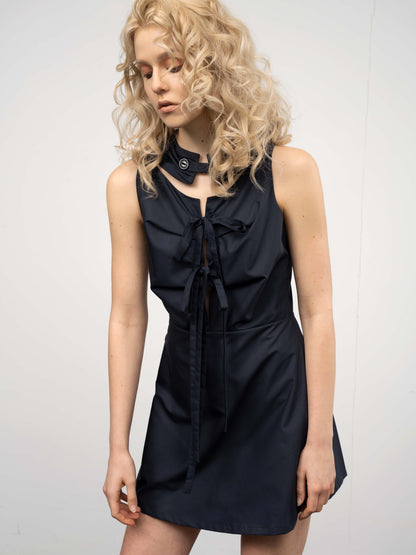 popoop Navy Scarf Collar Lace Up Medieval Button Women&