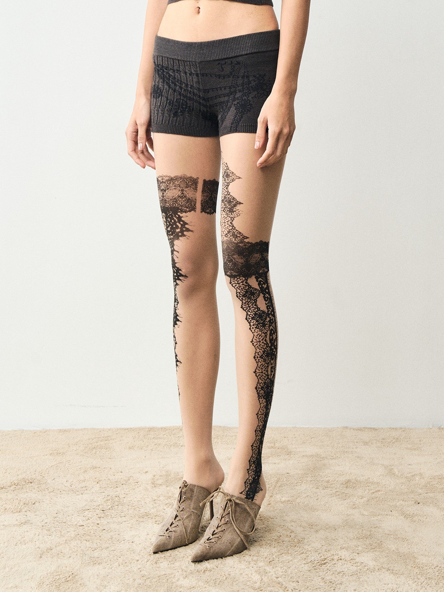 popoop Nude Lace Black Print Asymmetric Tattoo Design Women&