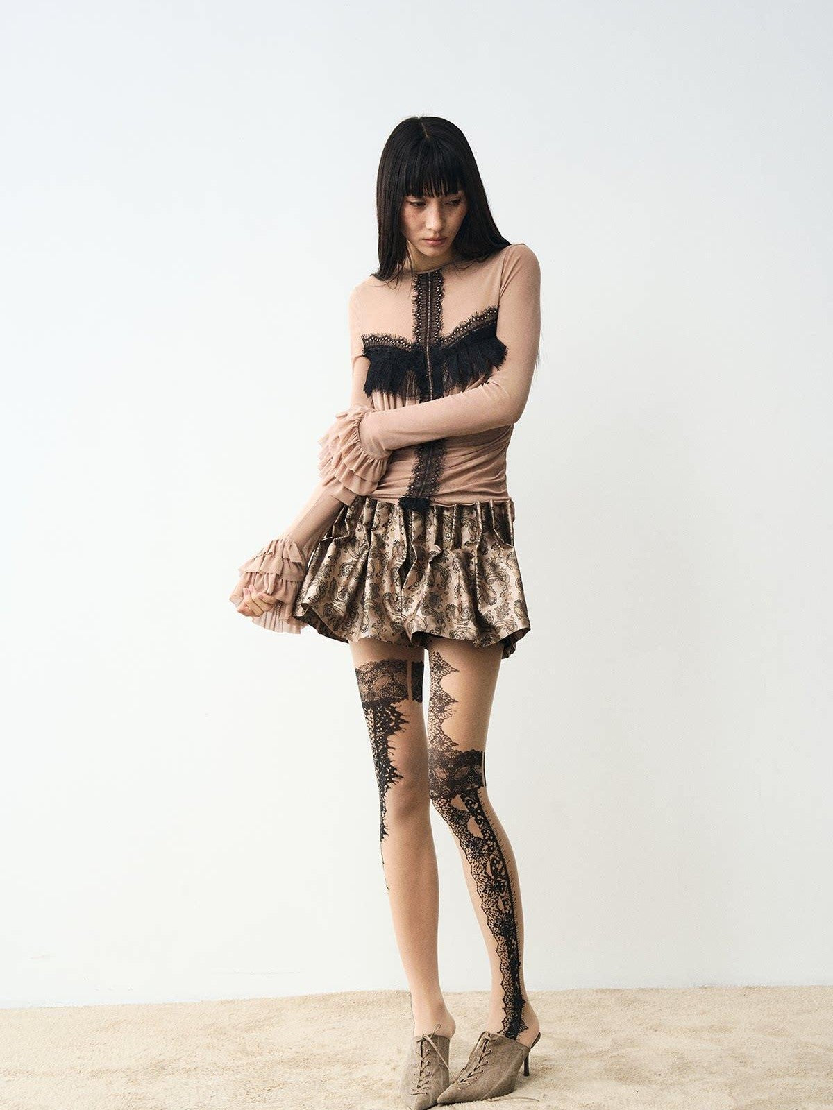 popoop Nude Lace Black Print Asymmetric Tattoo Design Women&