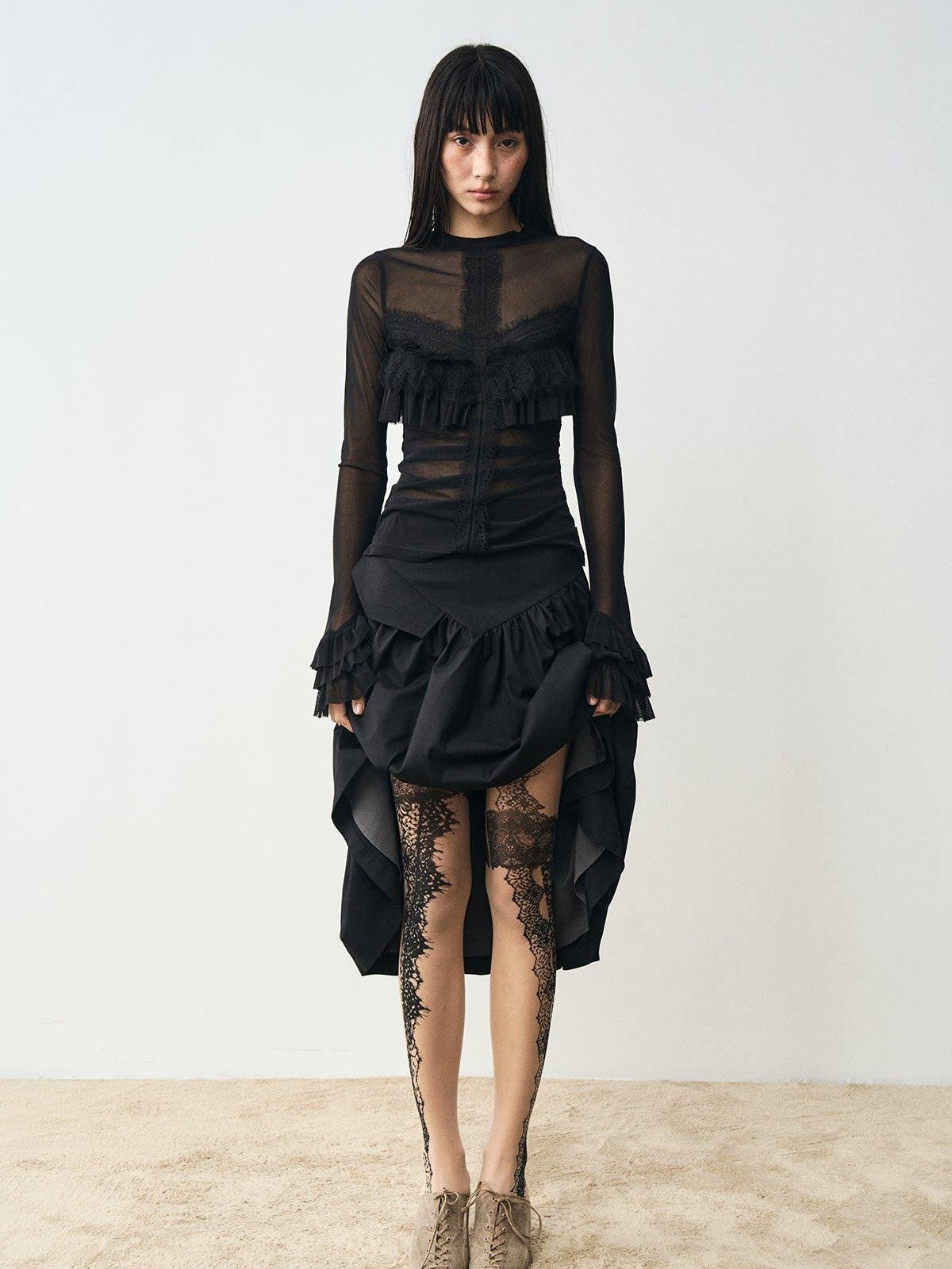 popoop Nude Lace Black Print Asymmetric Tattoo Design Women&