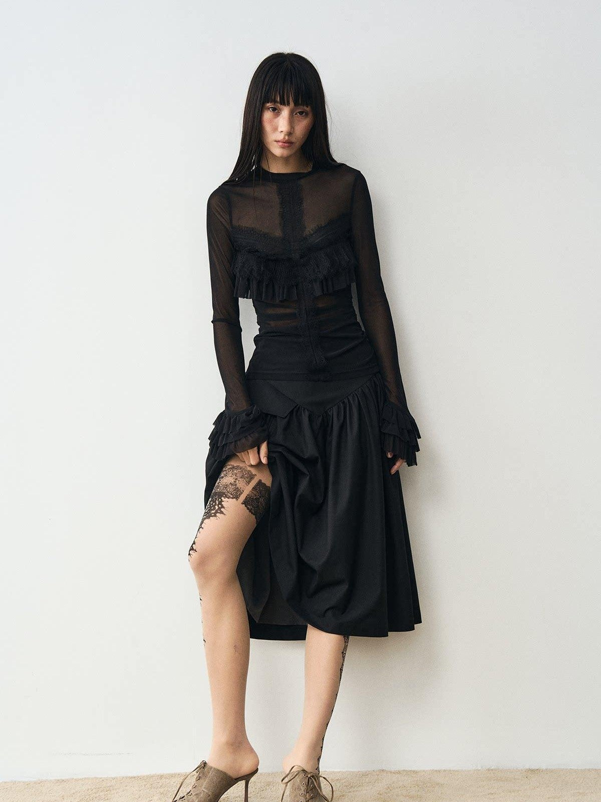 popoop Nude Lace Black Print Asymmetric Tattoo Design Women&