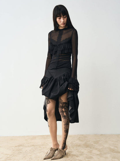popoop Nude Lace Black Print Asymmetric Tattoo Design Women&