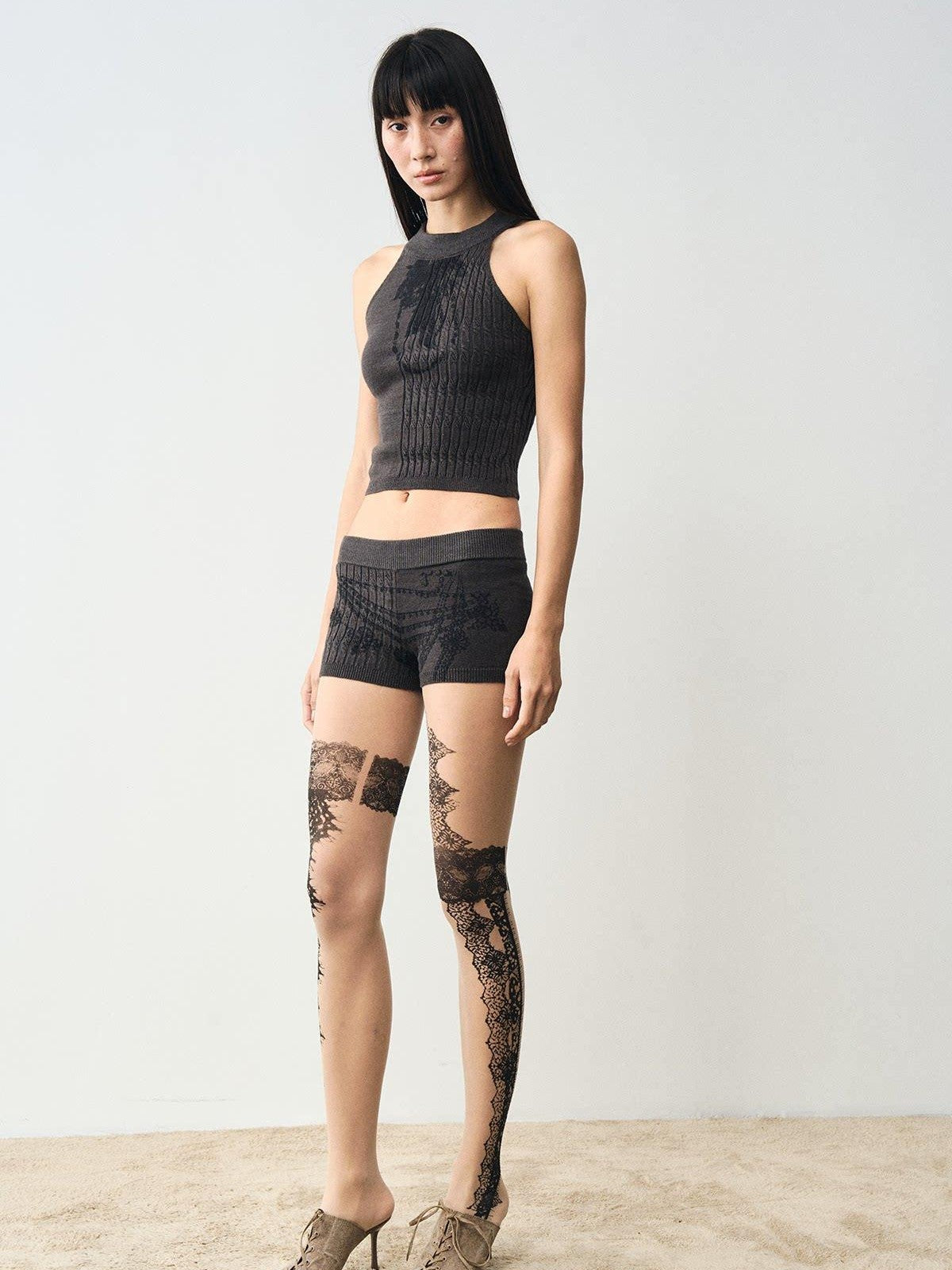 popoop Nude Lace Black Print Asymmetric Tattoo Design Women&