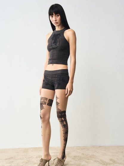 popoop Nude Lace Black Print Asymmetric Tattoo Design Women&