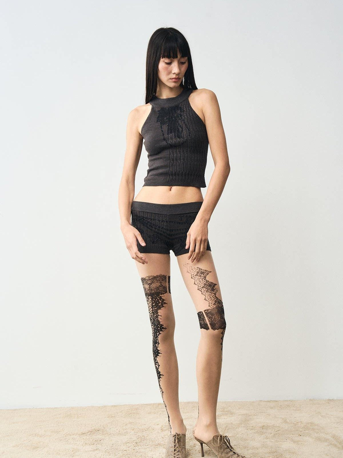 popoop Nude Lace Black Print Asymmetric Tattoo Design Women&
