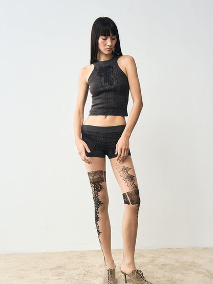 popoop Nude Lace Black Print Asymmetric Tattoo Design Women&