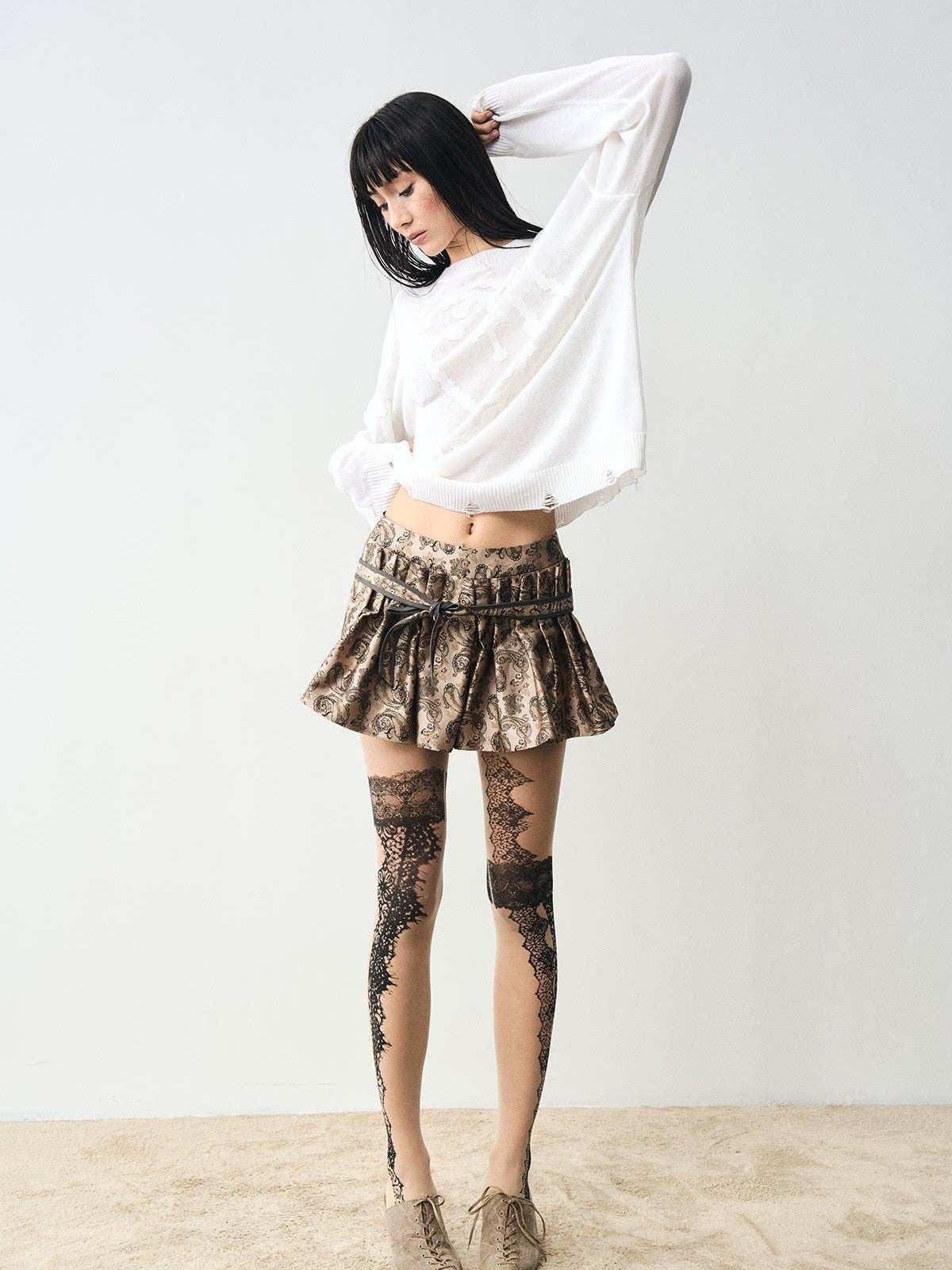 popoop Nude Lace Black Print Asymmetric Tattoo Design Women&