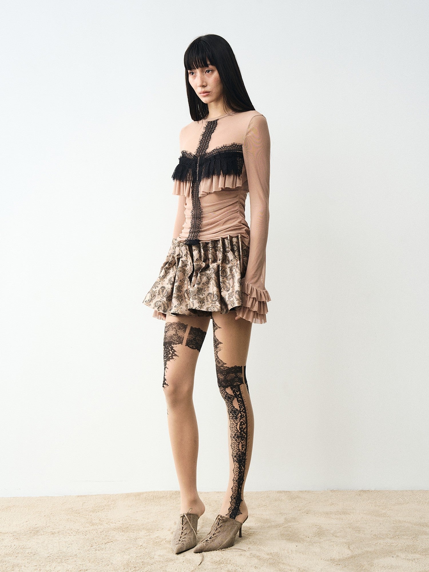 popoop Nude Lace Black Print Asymmetric Tattoo Design Women&