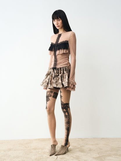 popoop Nude Lace Black Print Asymmetric Tattoo Design Women&