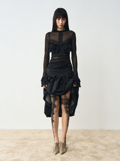 popoop Nude Lace Black Print Asymmetric Tattoo Design Women&