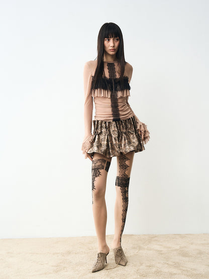 popoop Nude Lace Black Print Asymmetric Tattoo Design Women&