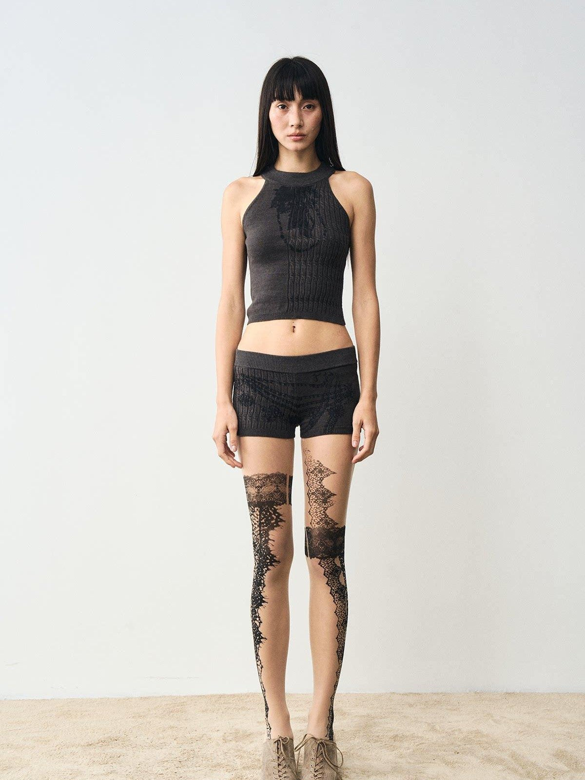 popoop Nude Lace Black Print Asymmetric Tattoo Design Women&
