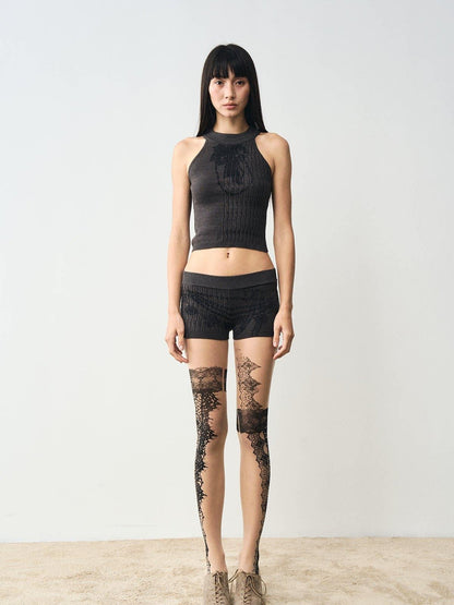 popoop Nude Lace Black Print Asymmetric Tattoo Design Women&