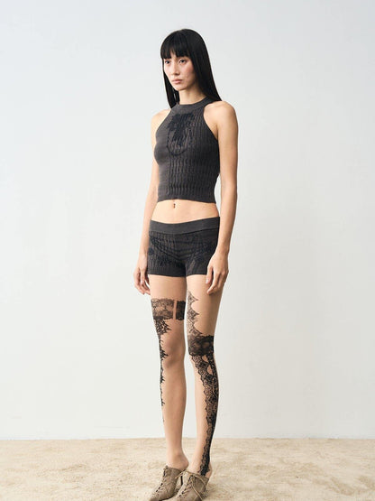 popoop Nude Lace Black Print Asymmetric Tattoo Design Women&