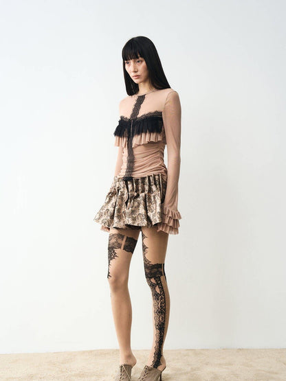 popoop Nude Lace Black Print Asymmetric Tattoo Design Women&