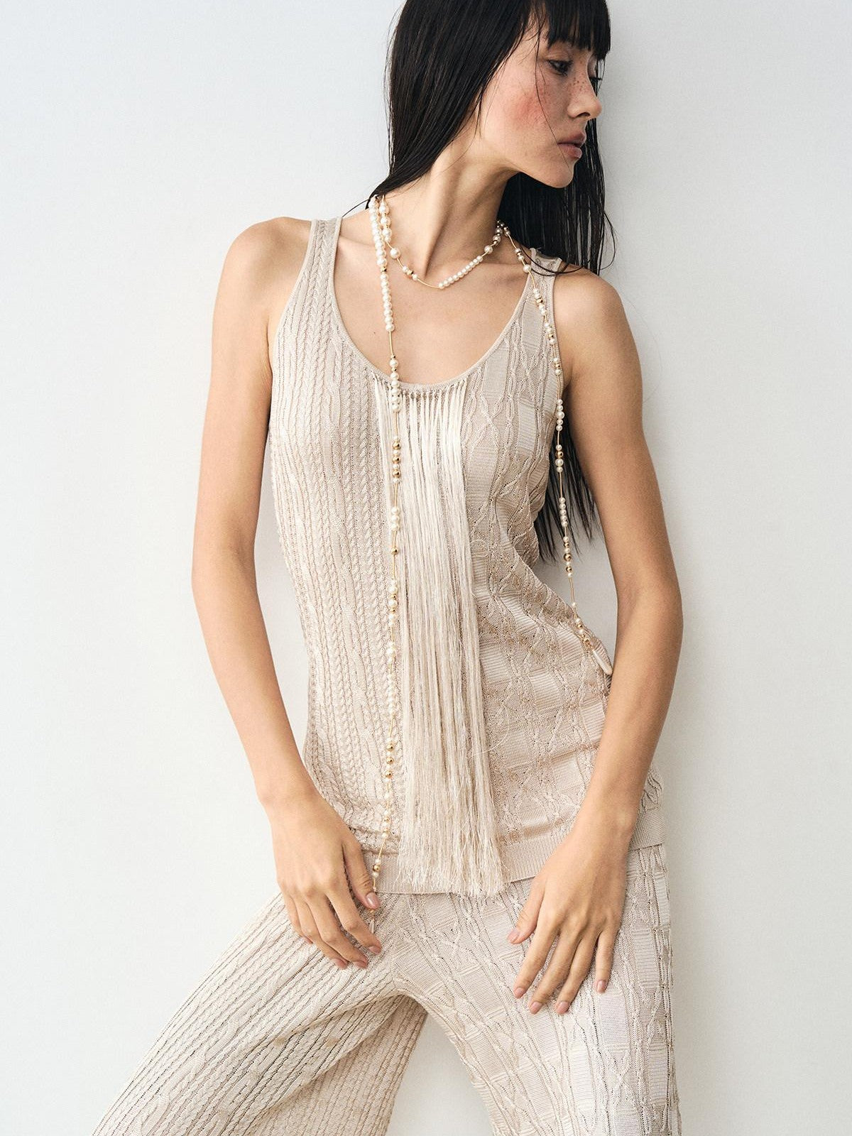 popoop Platinum Tassel Cable Backless Cami Loose Women&