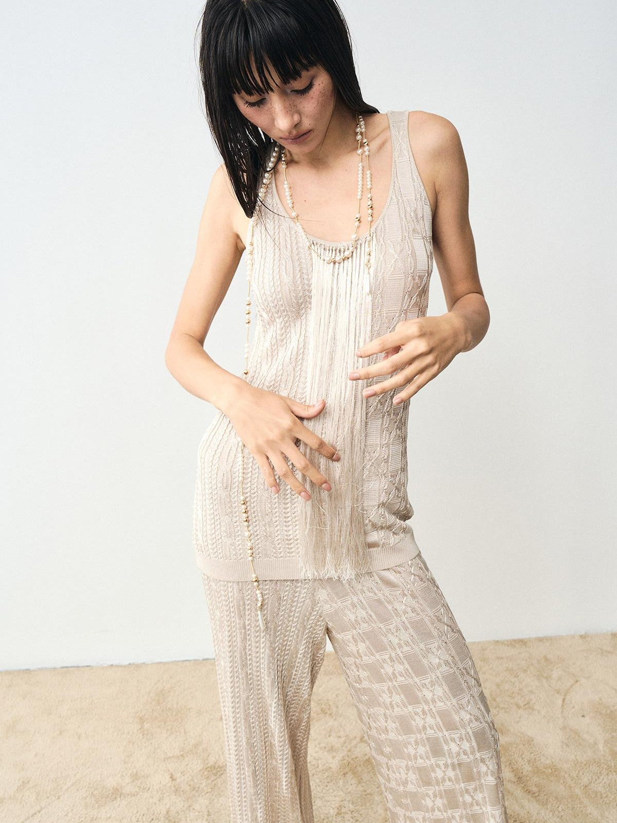 popoop Platinum Tassel Cable Backless Cami Loose Women&