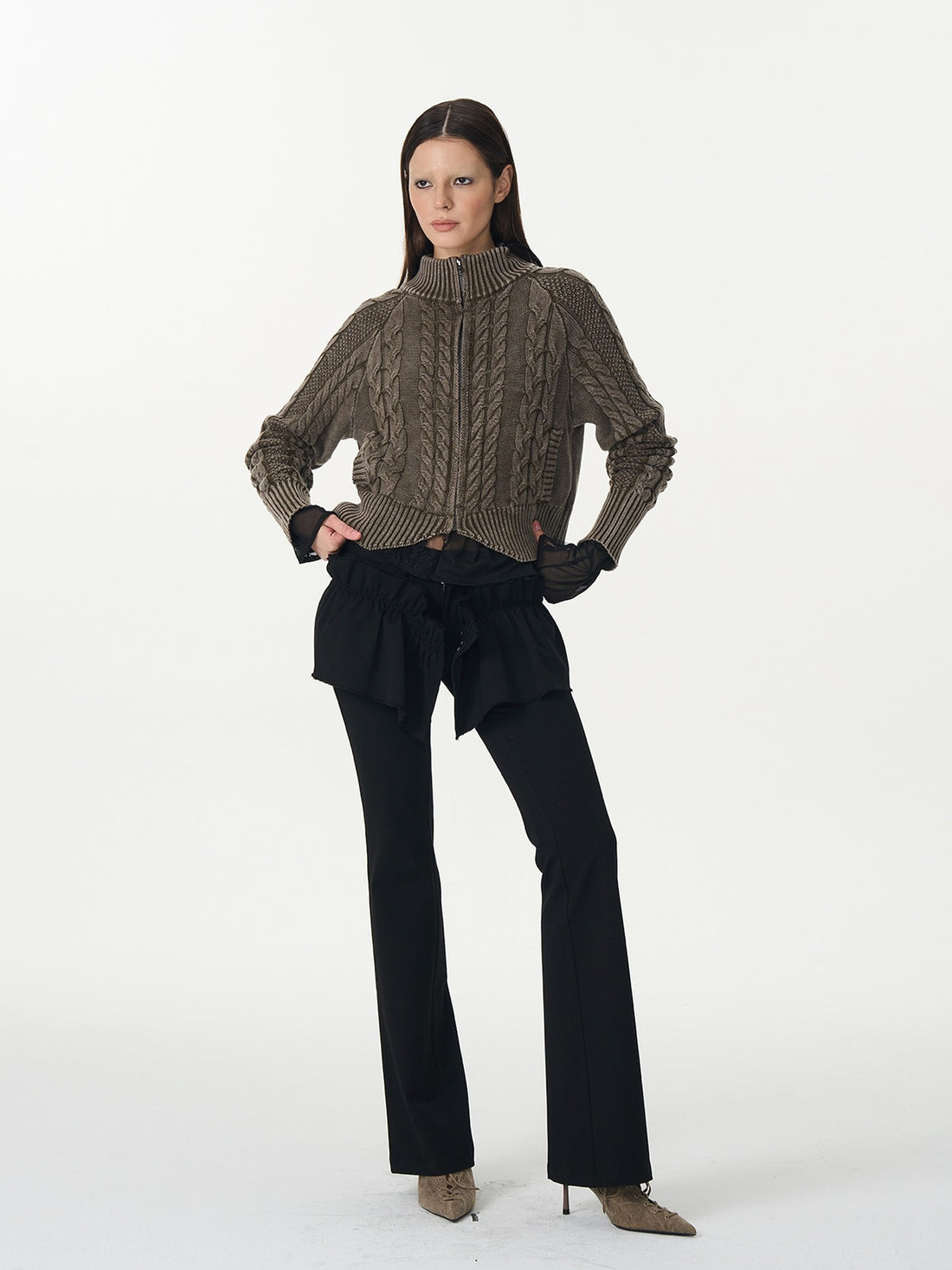 popoop Washed Brown Green Cable Knit Zip Stand Collar Women&