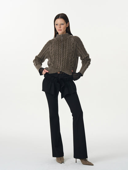popoop Washed Brown Green Cable Knit Zip Stand Collar Women&