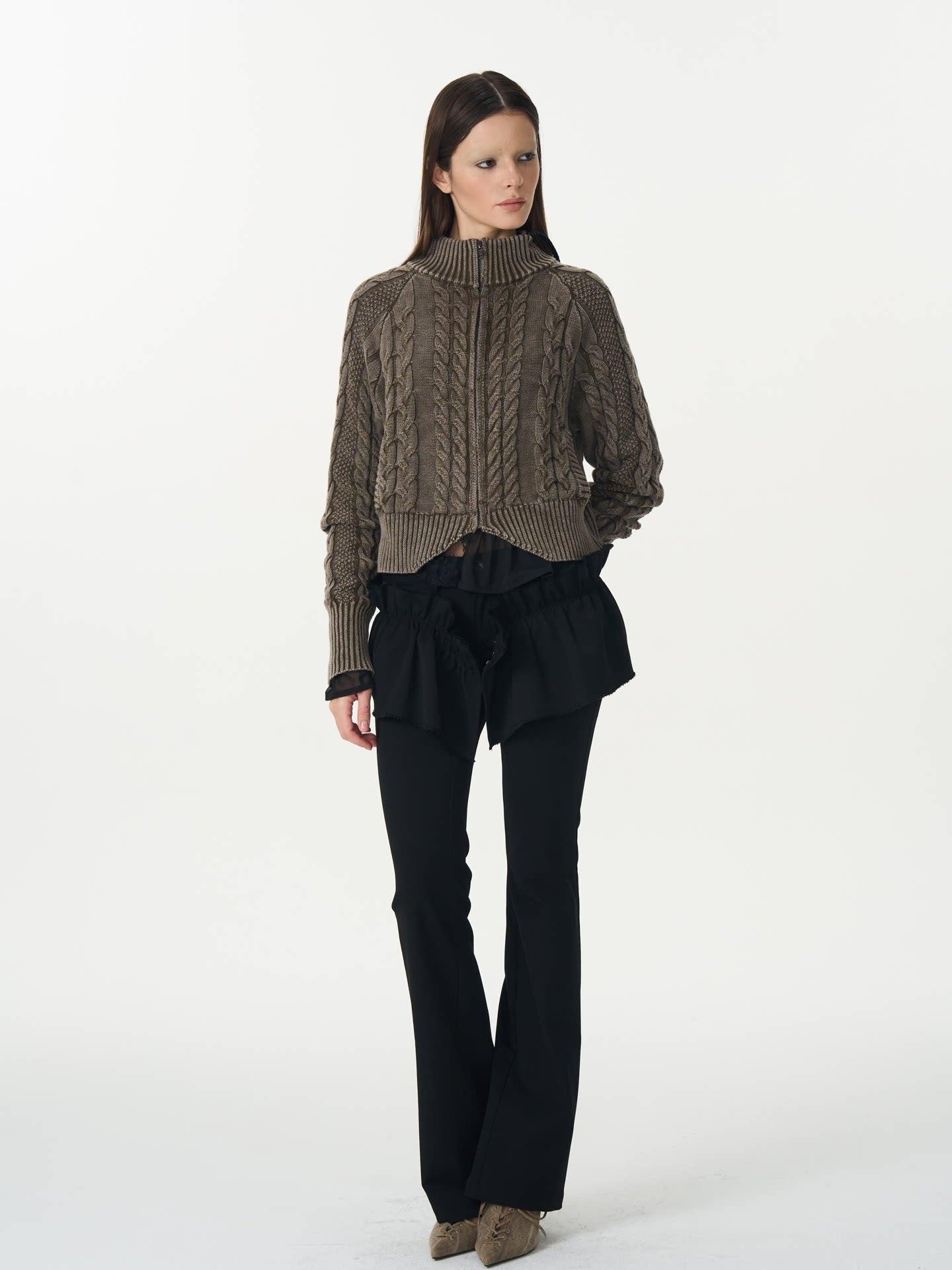 popoop Washed Brown Green Cable Knit Zip Stand Collar Women&