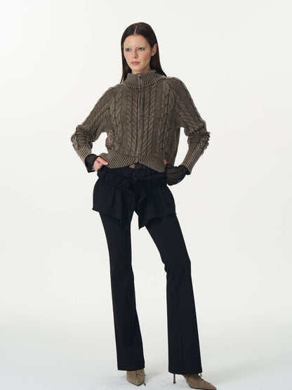 popoop Washed Brown Green Cable Knit Zip Stand Collar Women&