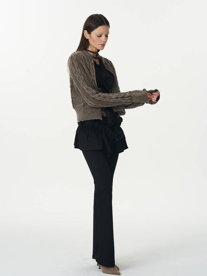 popoop Washed Brown Green Cable Knit Zip Stand Collar Women&