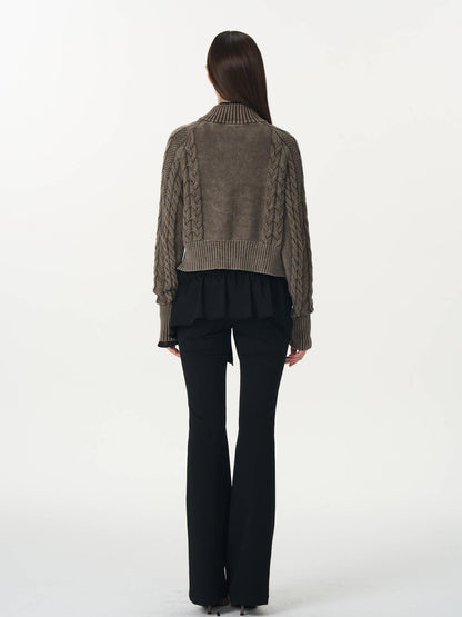 popoop Washed Brown Green Cable Knit Zip Stand Collar Women&