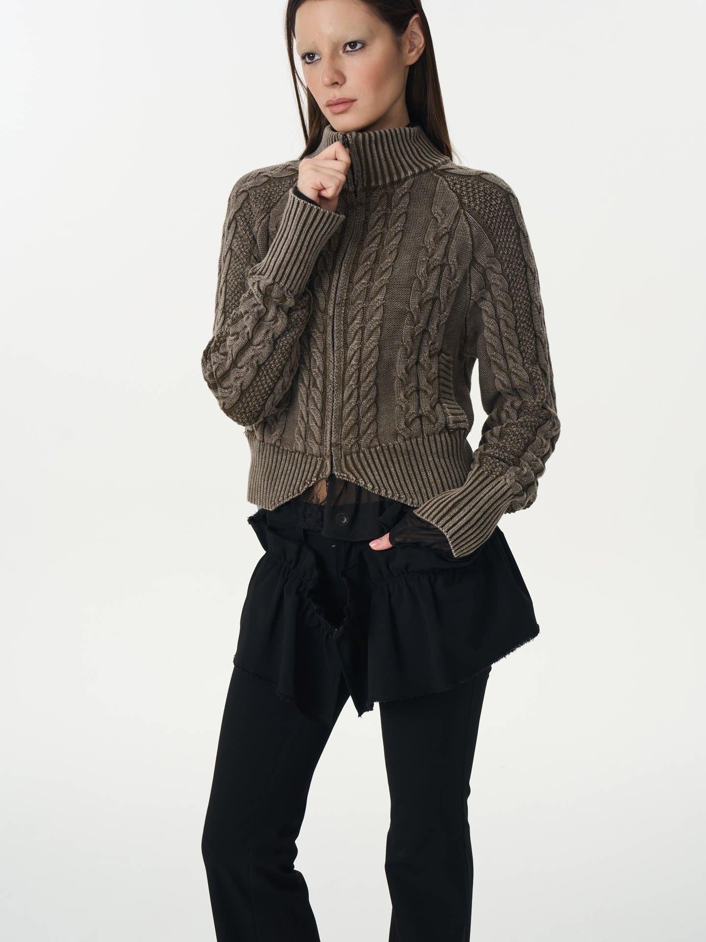 popoop Washed Brown Green Cable Knit Zip Stand Collar Women&