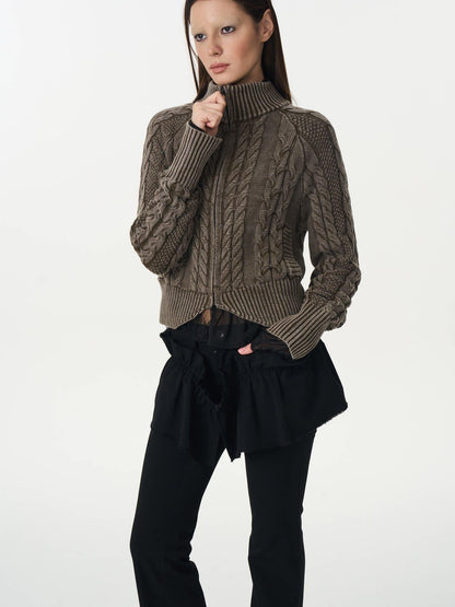 popoop Washed Brown Green Cable Knit Zip Stand Collar Women&