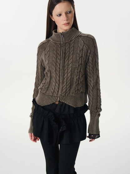 popoop Washed Brown Green Cable Knit Zip Stand Collar Women&