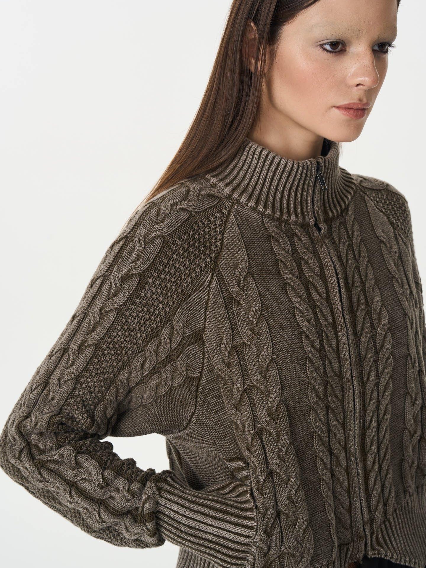 popoop Washed Brown Green Cable Knit Zip Stand Collar Women&