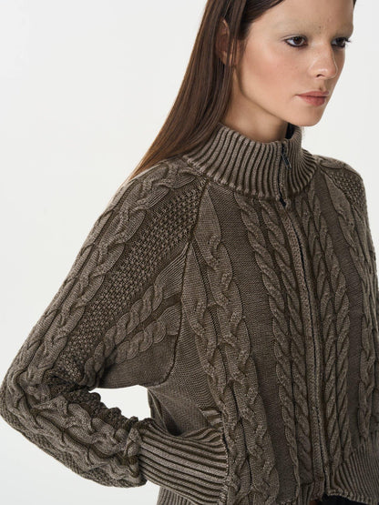 popoop Washed Brown Green Cable Knit Zip Stand Collar Women&