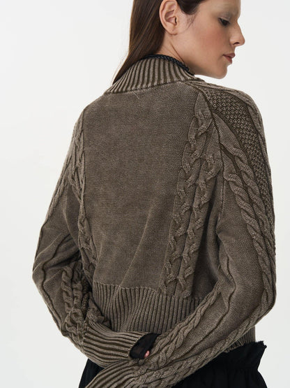 popoop Washed Brown Green Cable Knit Zip Stand Collar Women&