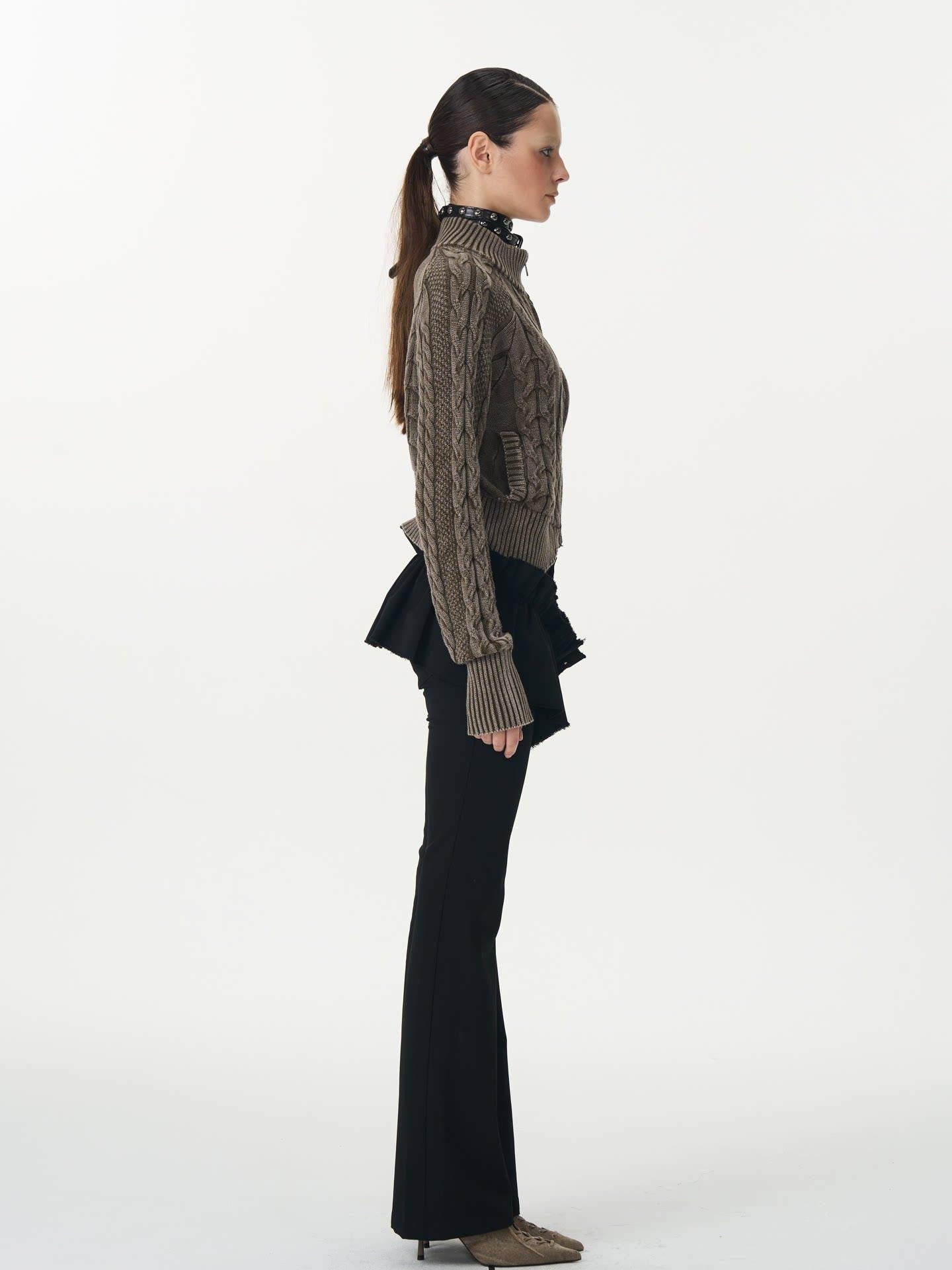 popoop Washed Brown Green Cable Knit Zip Stand Collar Women&