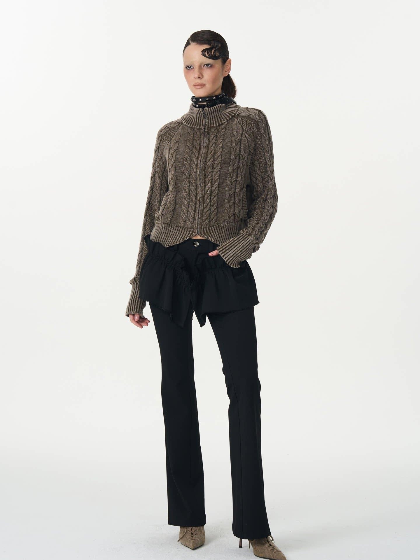 popoop Washed Brown Green Cable Knit Zip Stand Collar Women&