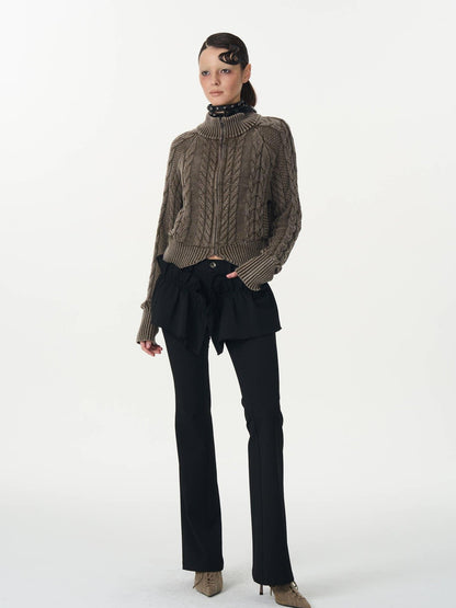 popoop Washed Brown Green Cable Knit Zip Stand Collar Women&