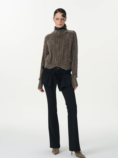 popoop Washed Brown Green Cable Knit Zip Stand Collar Women&