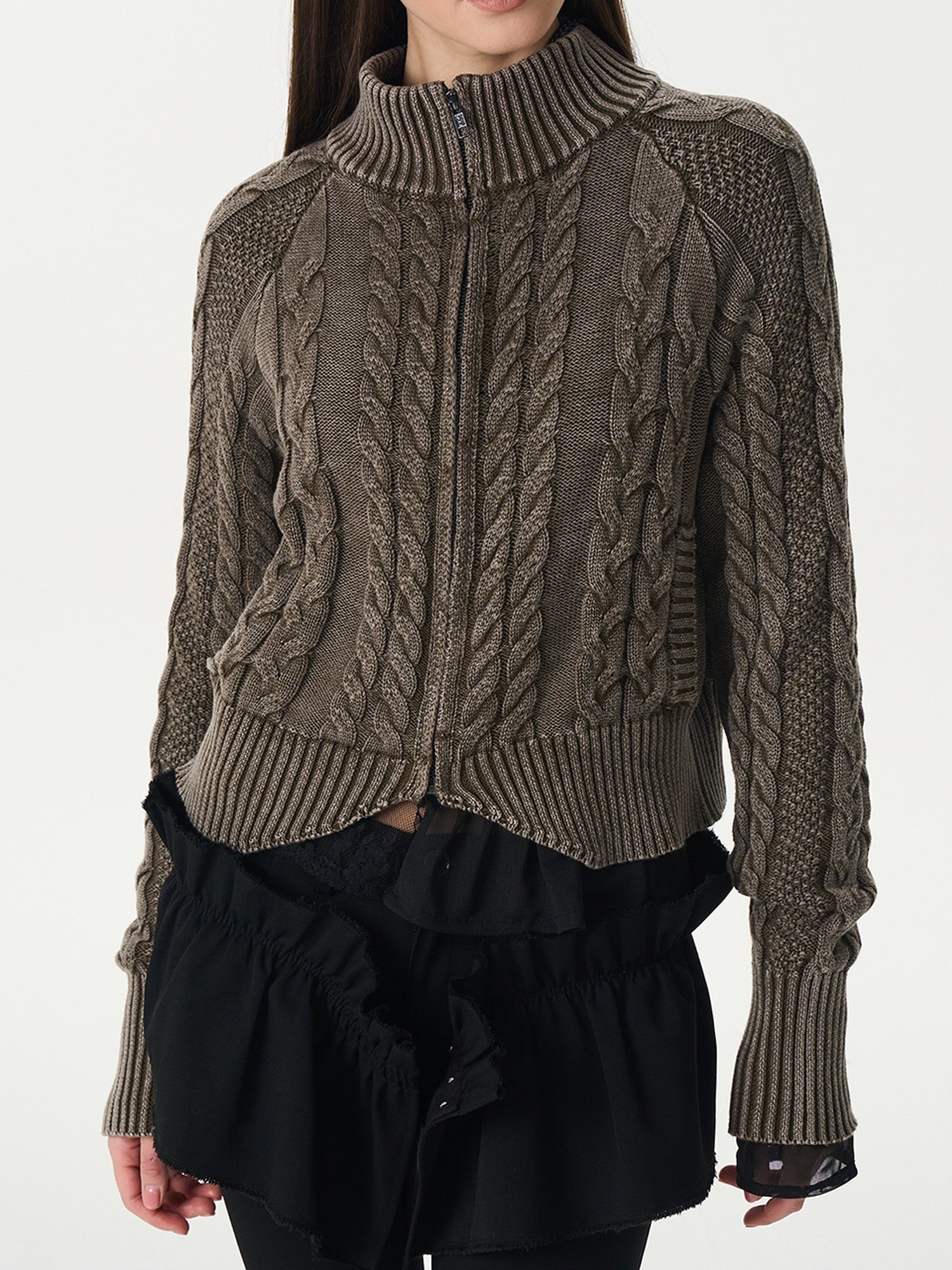 popoop Washed Brown Green Cable Knit Zip Stand Collar Women&
