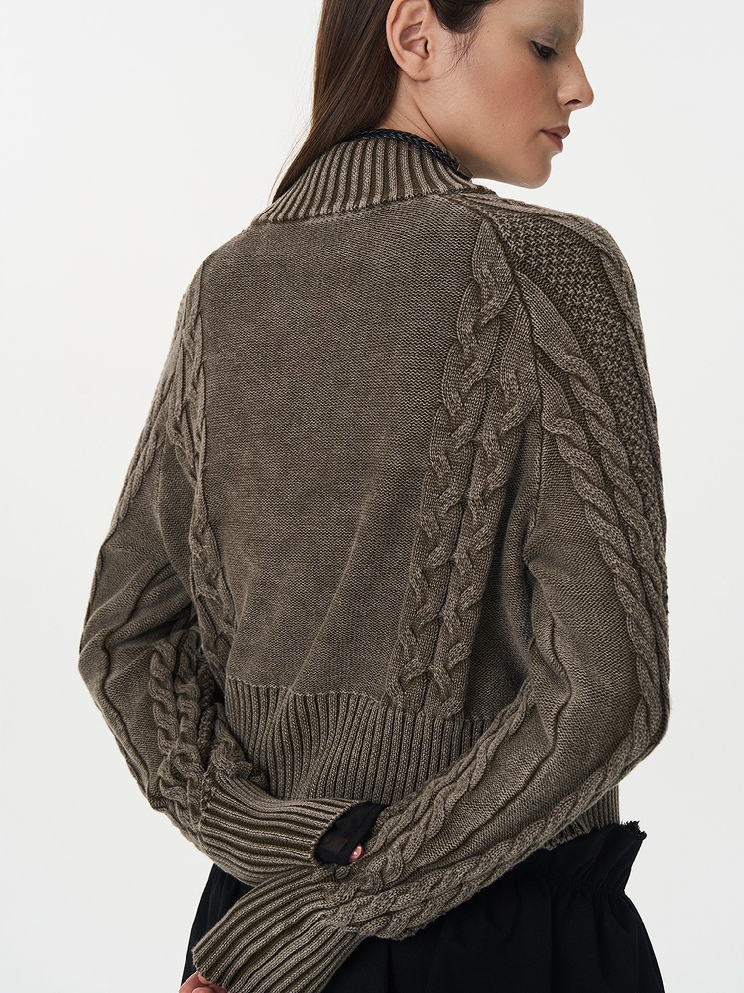 popoop Washed Brown Green Cable Knit Zip Stand Collar Women&