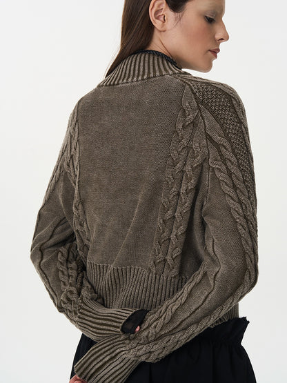 popoop Washed Brown Green Cable Knit Zip Stand Collar Women&